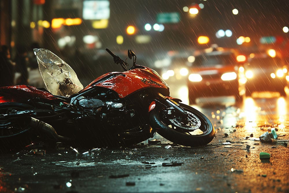 A red motorcycle laying in the street after being in a crash.