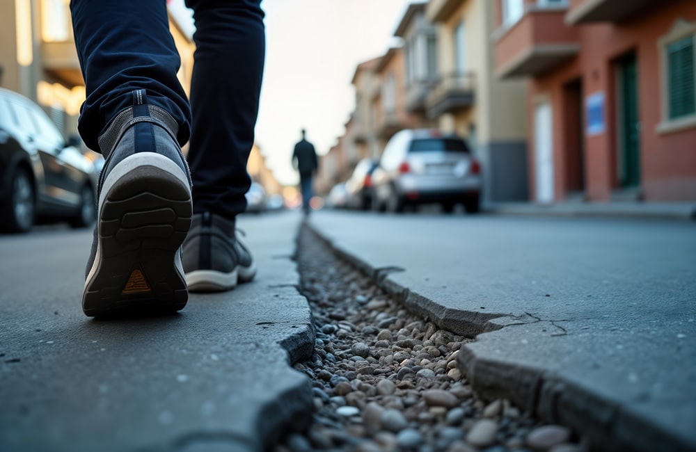 Person walking beside a cracked and hazardous road surface.